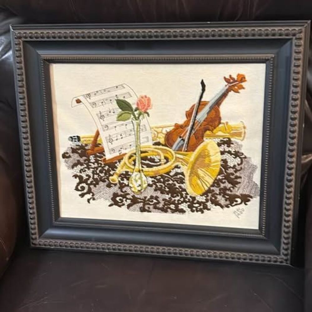 Vintage 1980 Musical Instrument Needlepoint Framed Art